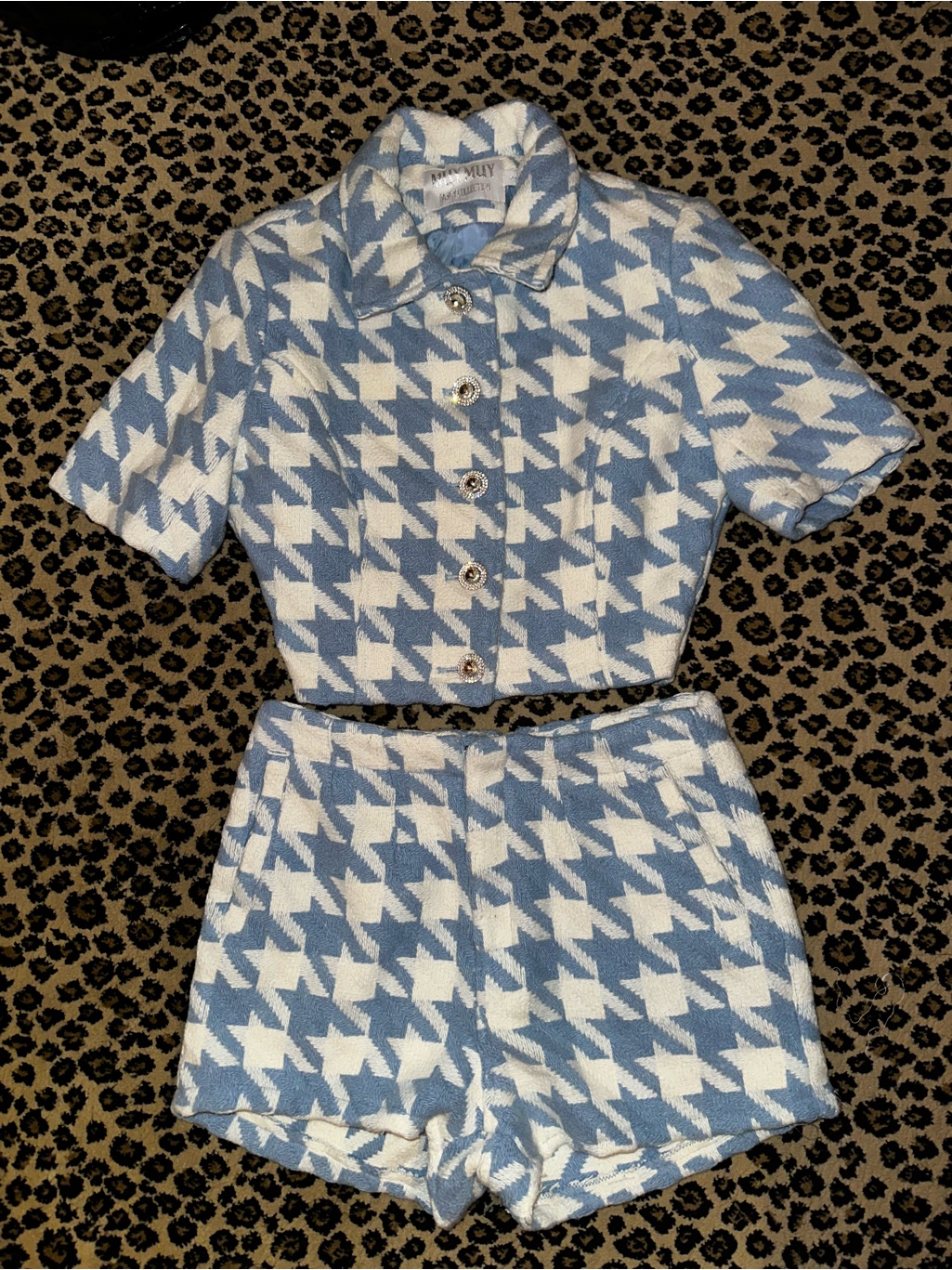 Cropped Houndstooth Short Set - Light Blue & White